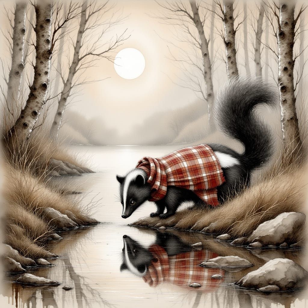 Skunk Drinks by Pond in Wildlife Art Style