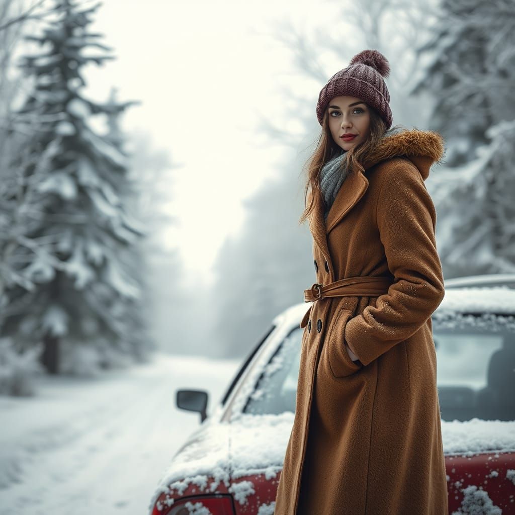 Winter Landscape with Woman in Digital Painting Style