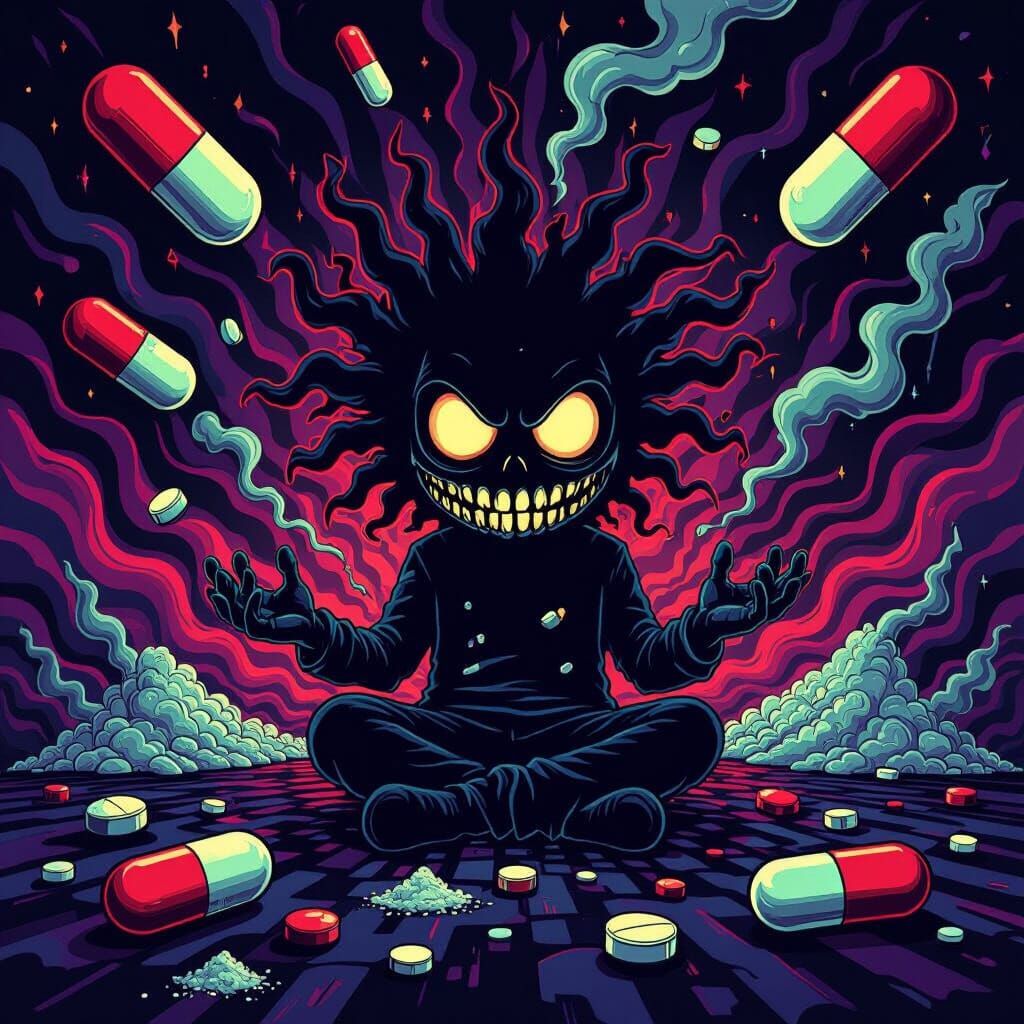 Dark Intimidating Dreadhead in Psychedelic Cartoon Style