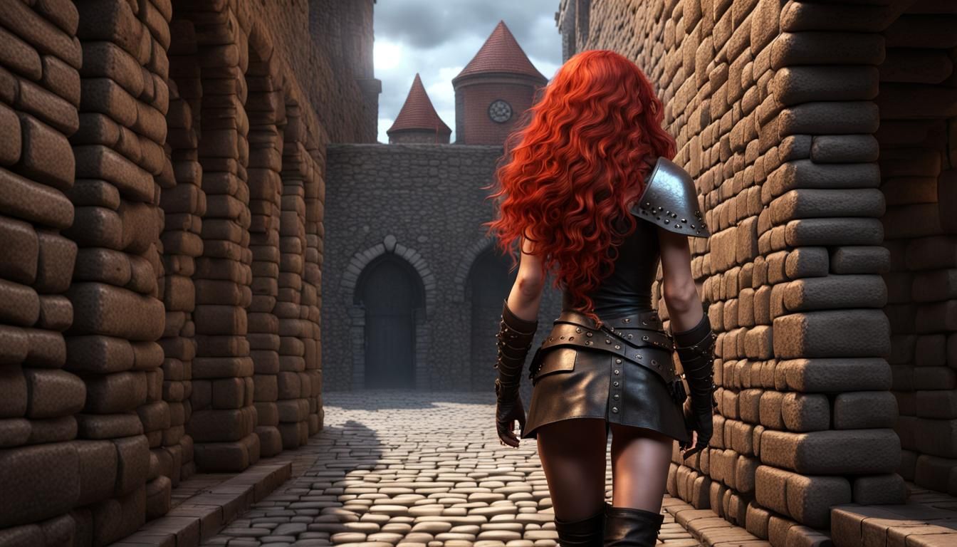 Red-Haired Thief Navigates Dungeon Traps: 3D Render