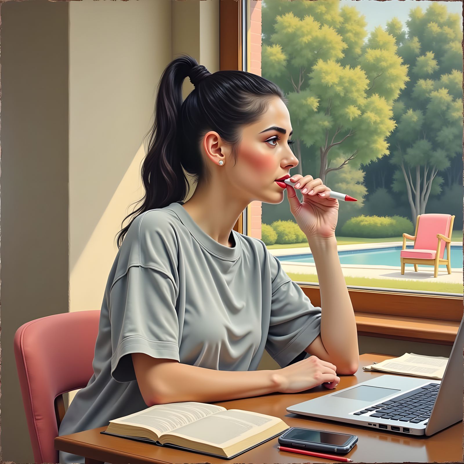 Woman Deep in Thought with Pen and Notebooks