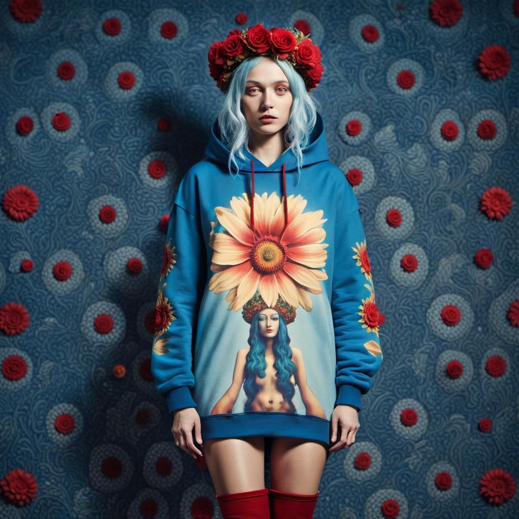 Stunning Woman in Oversized Hoodie, Surreal Art
