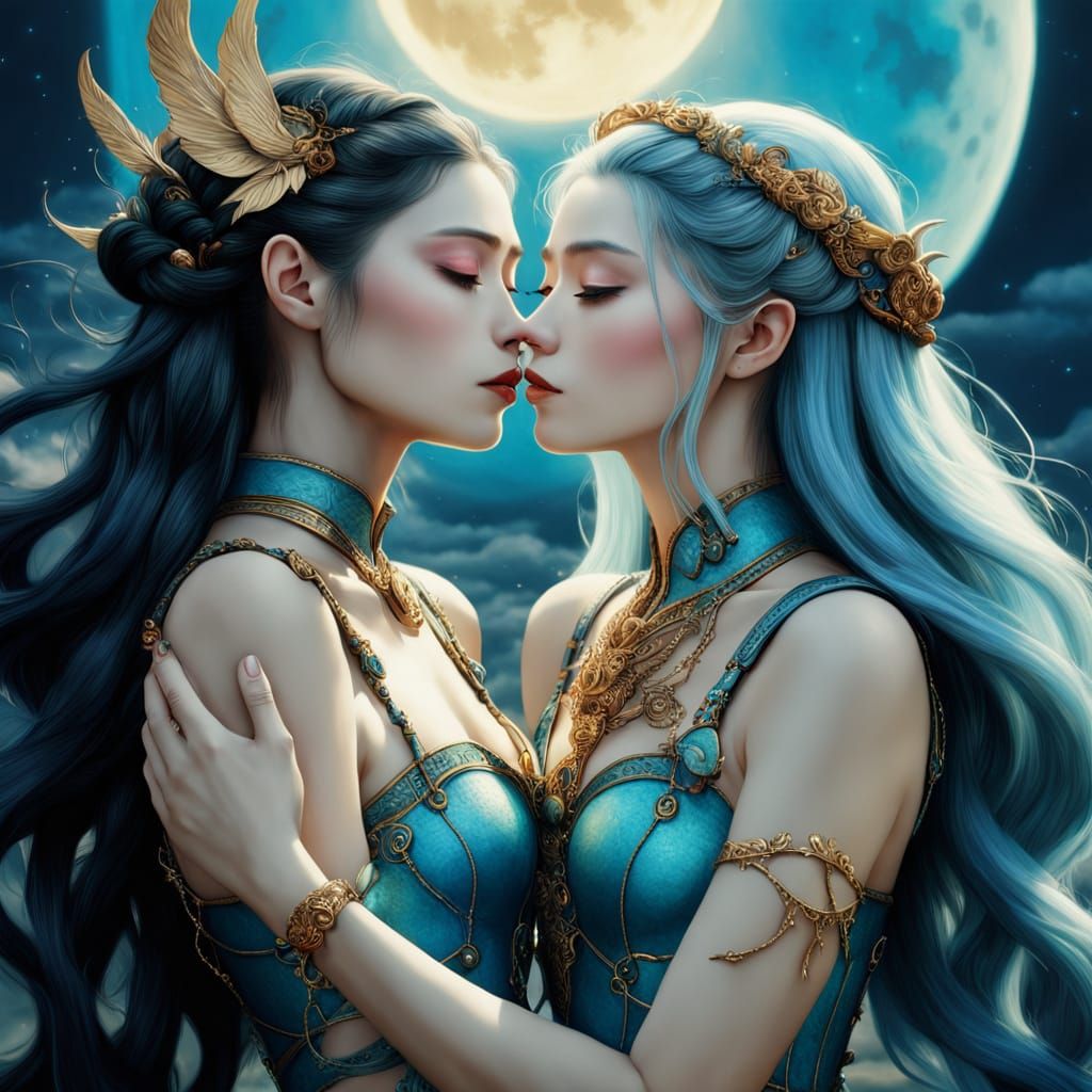 Ethereal Goddesses Embracing in Surreal Fantasy Scene