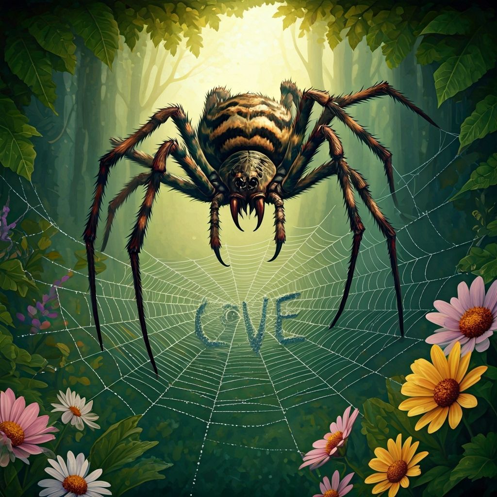 Terrifying Spider Weaving a Love Web in Watercolor Style