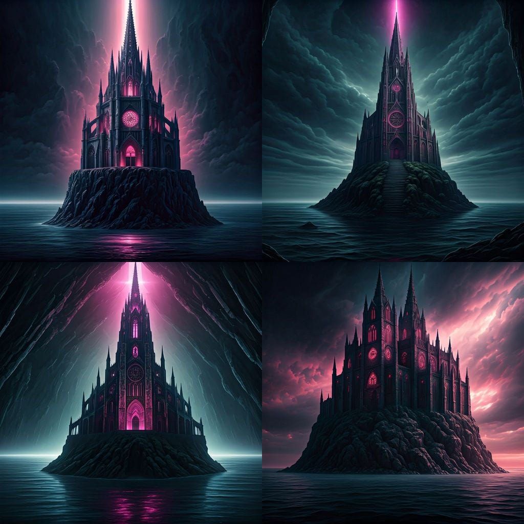Gothic Cathedral on Rocky Island with Pink Glow