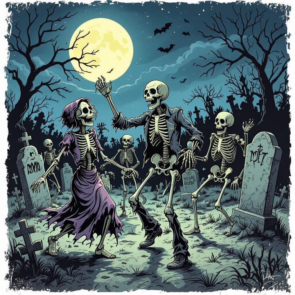 Undead Dance Party In Graveyard Under Moonlight