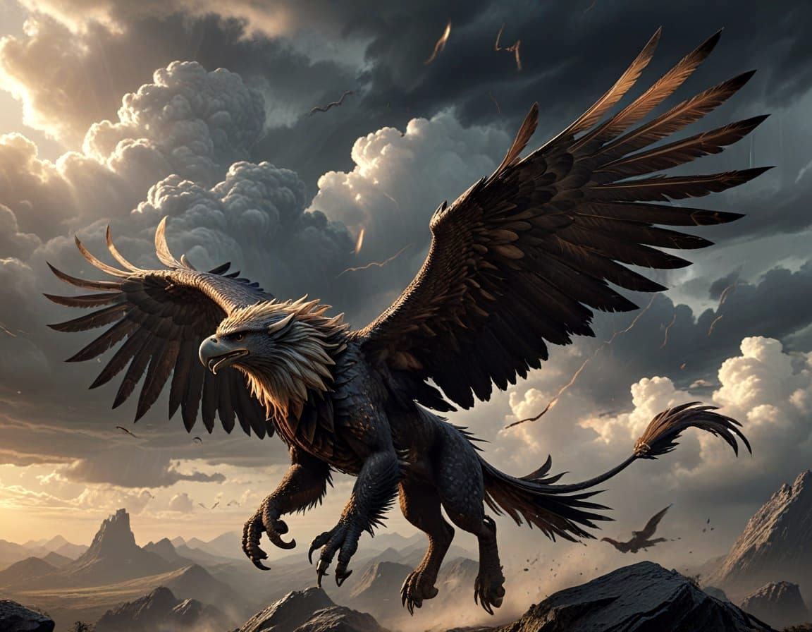 Majestic Griffon Soars Amid Stormy Skies in Realistic Dark F...