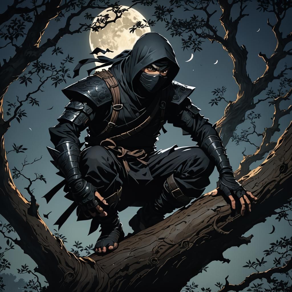 Ninja in Dark Anime Art Style Hiding in Tree