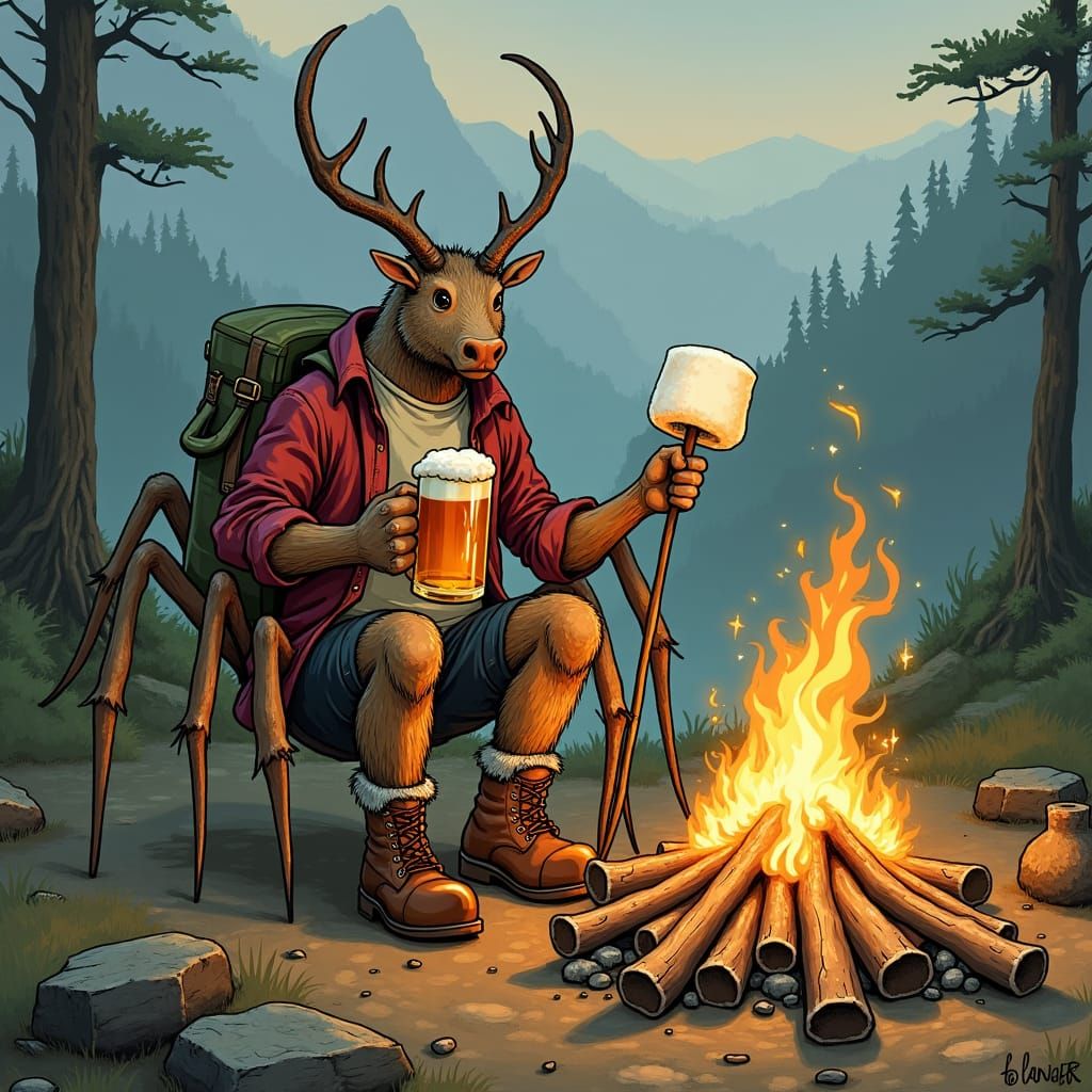 Giant Spider Roasting Marshmallow in Dreamlike Art Style