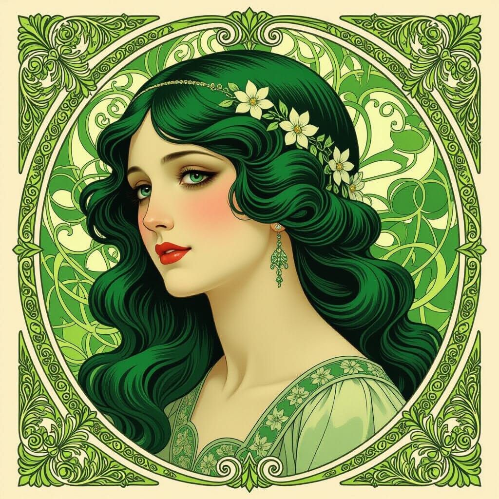 Art Nouveau Portrait in Green Palette