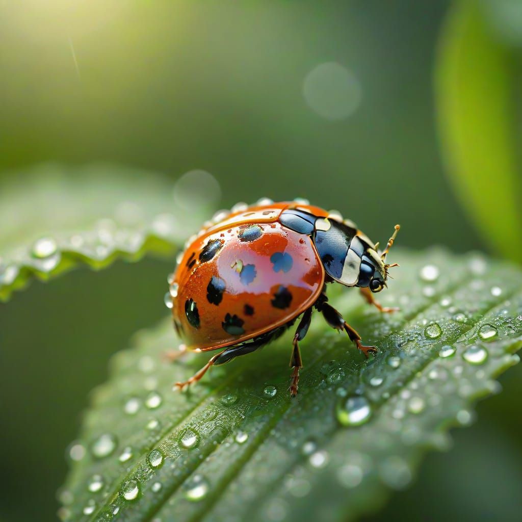 Macro Photography of Ladybug on Green Leaf with Dewdrops