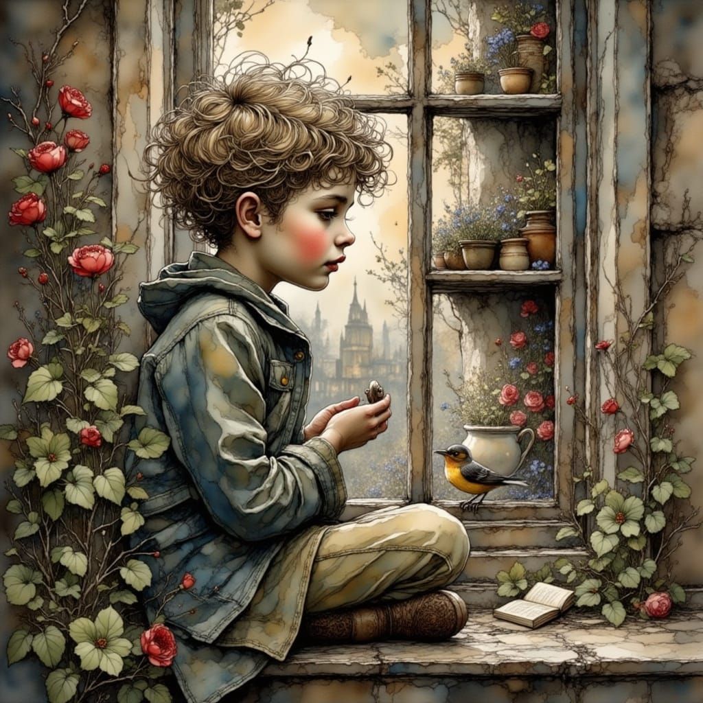 Lonely Boy Enchanted by a Beautiful Singing Bird