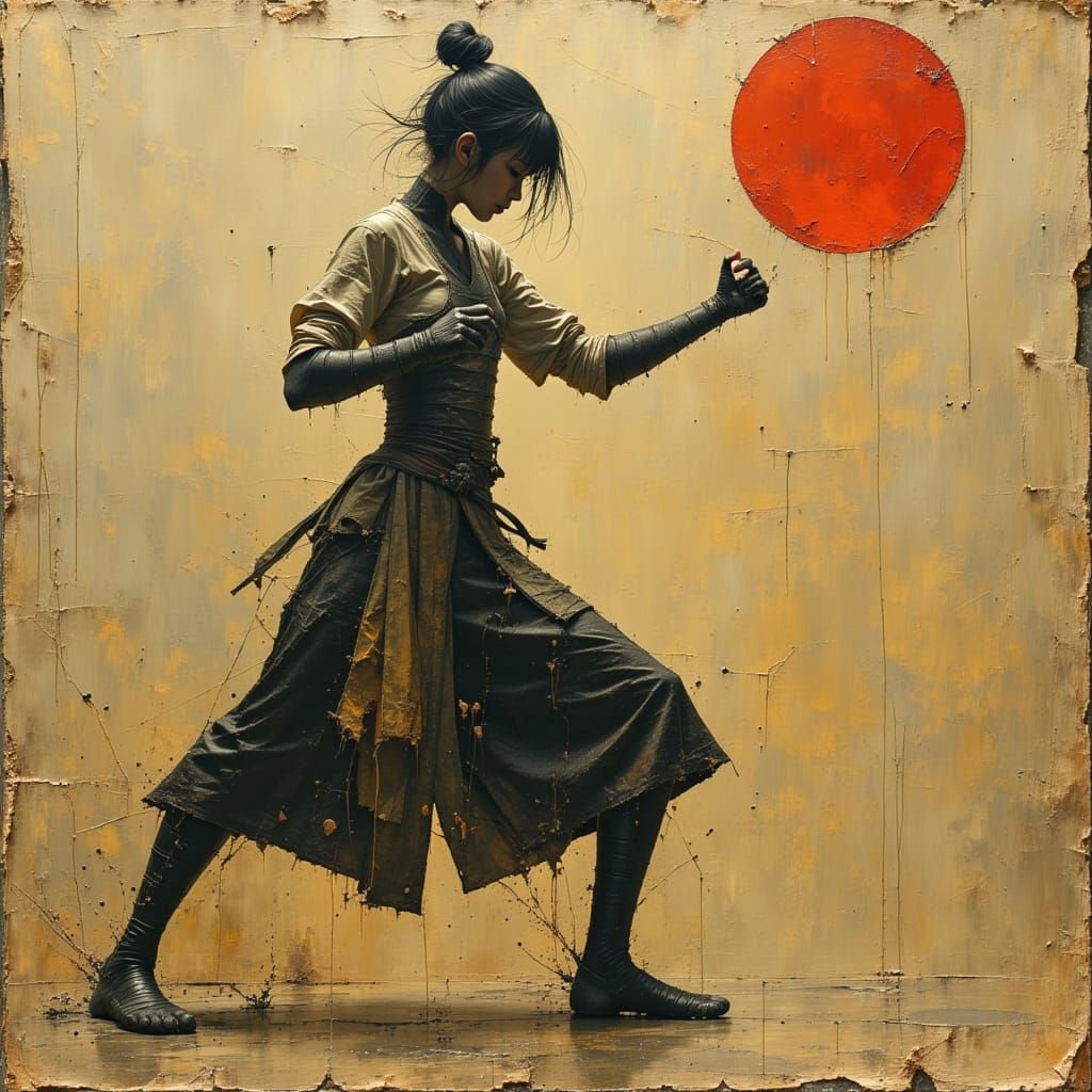 Warrior Woman in Dynamic Karate Stance, Expressionist Oil Pa...