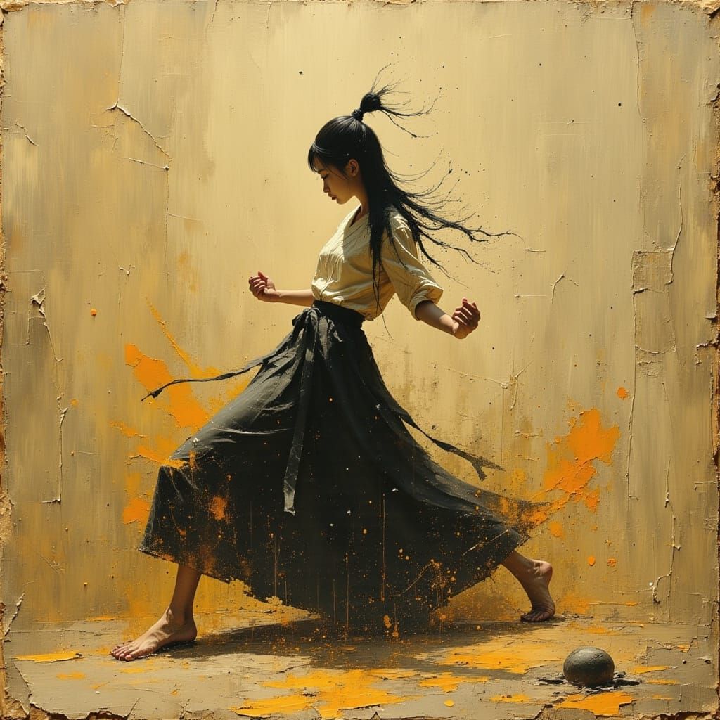 Warrior Woman in Dynamic Karate Stance, Expressionist Oil Pa...