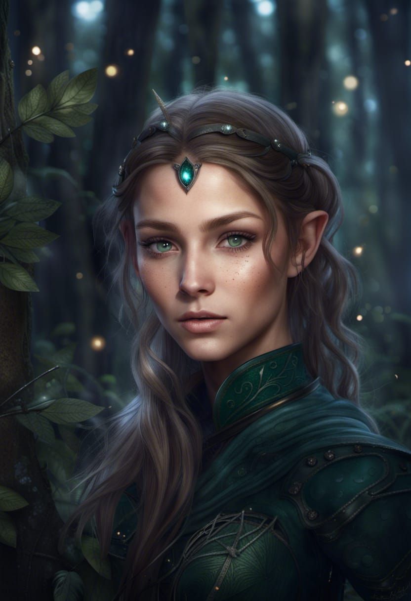 Fairy-Elven Woman in Forest with Magic