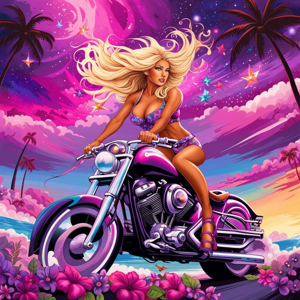 Hawaiian Woman on Chopper with Galaxy Sky