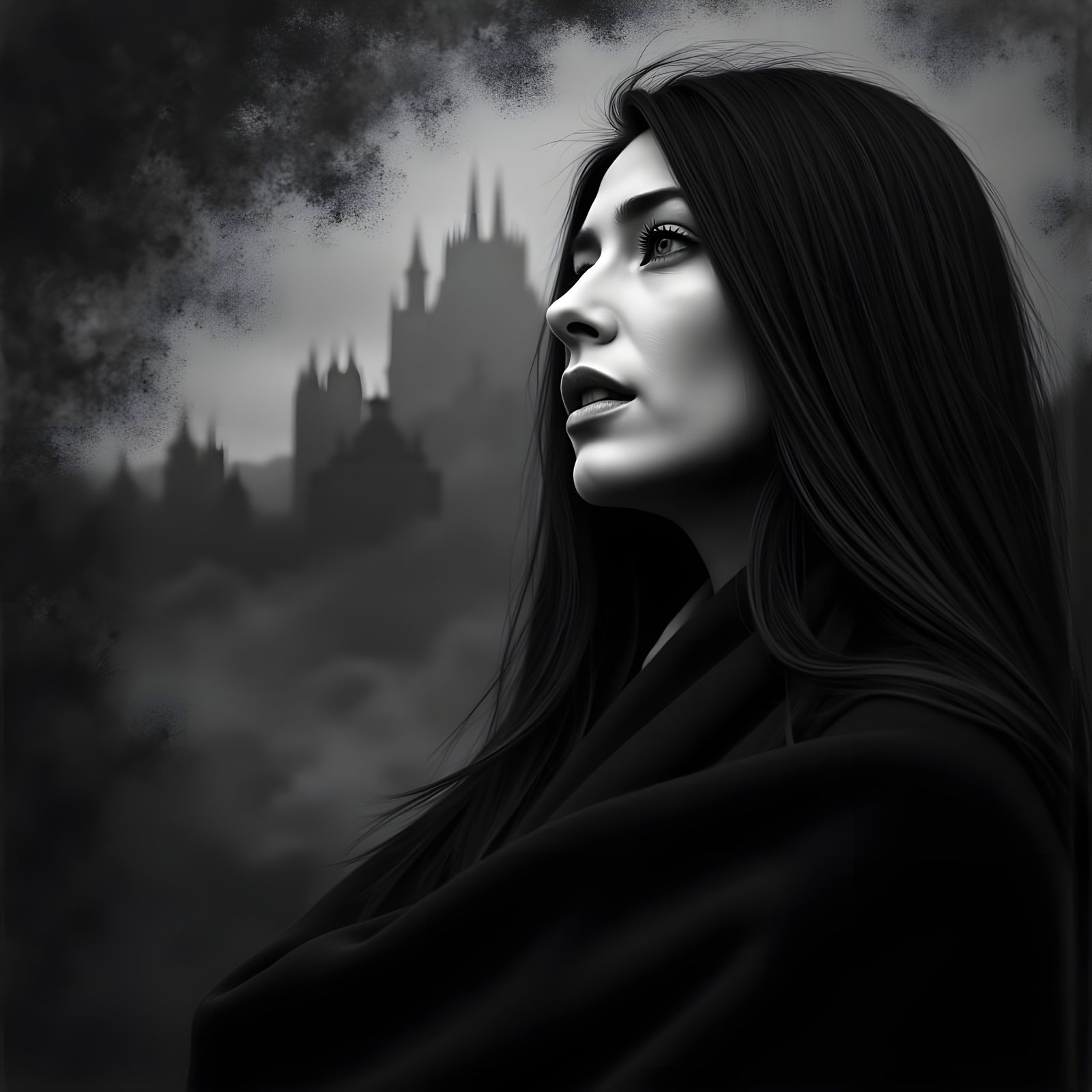 Dramatic B&W Portrait of Woman in Swirling Mist, Noir Style