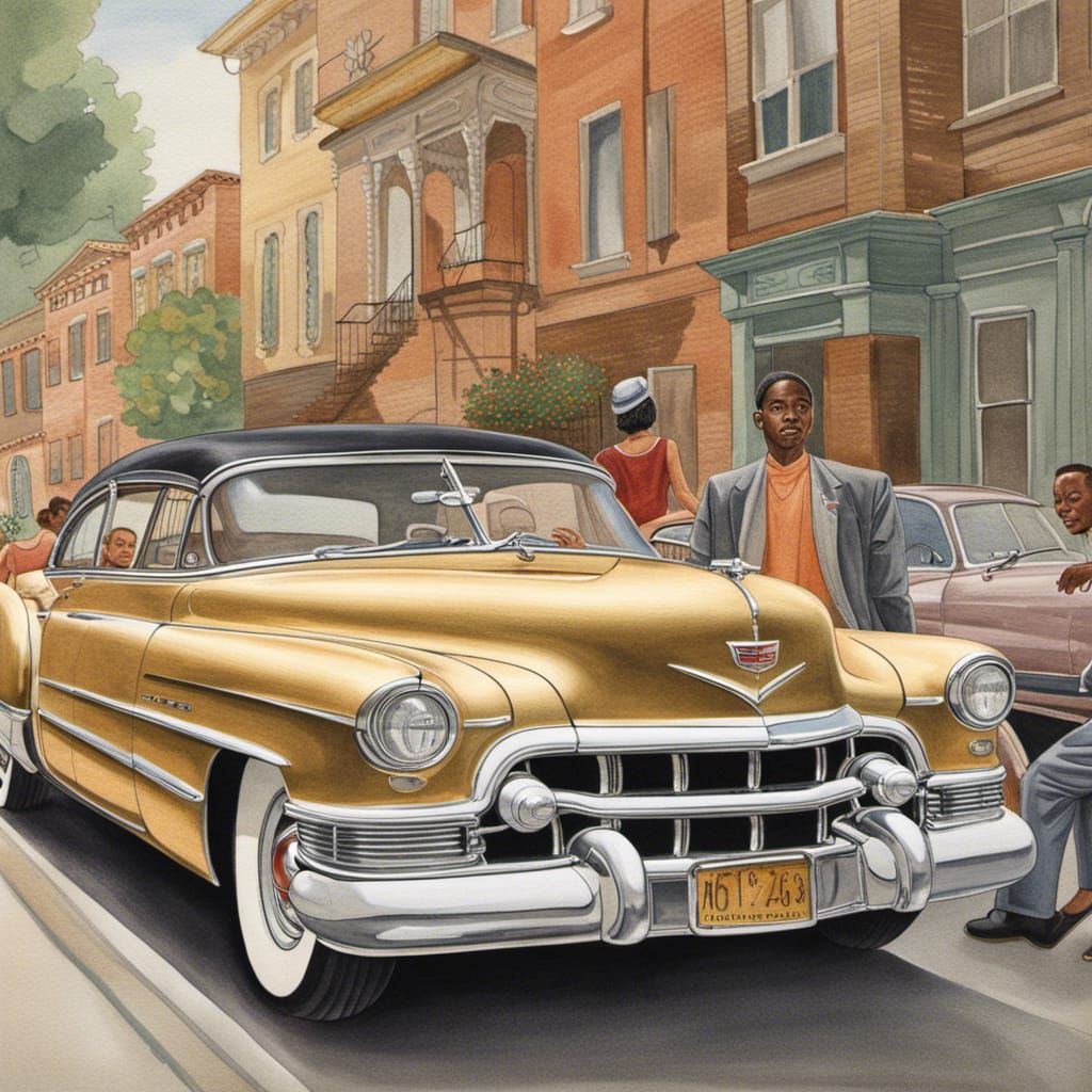 1950s Cadillac Attracts Family, Colored Pencil Illustration