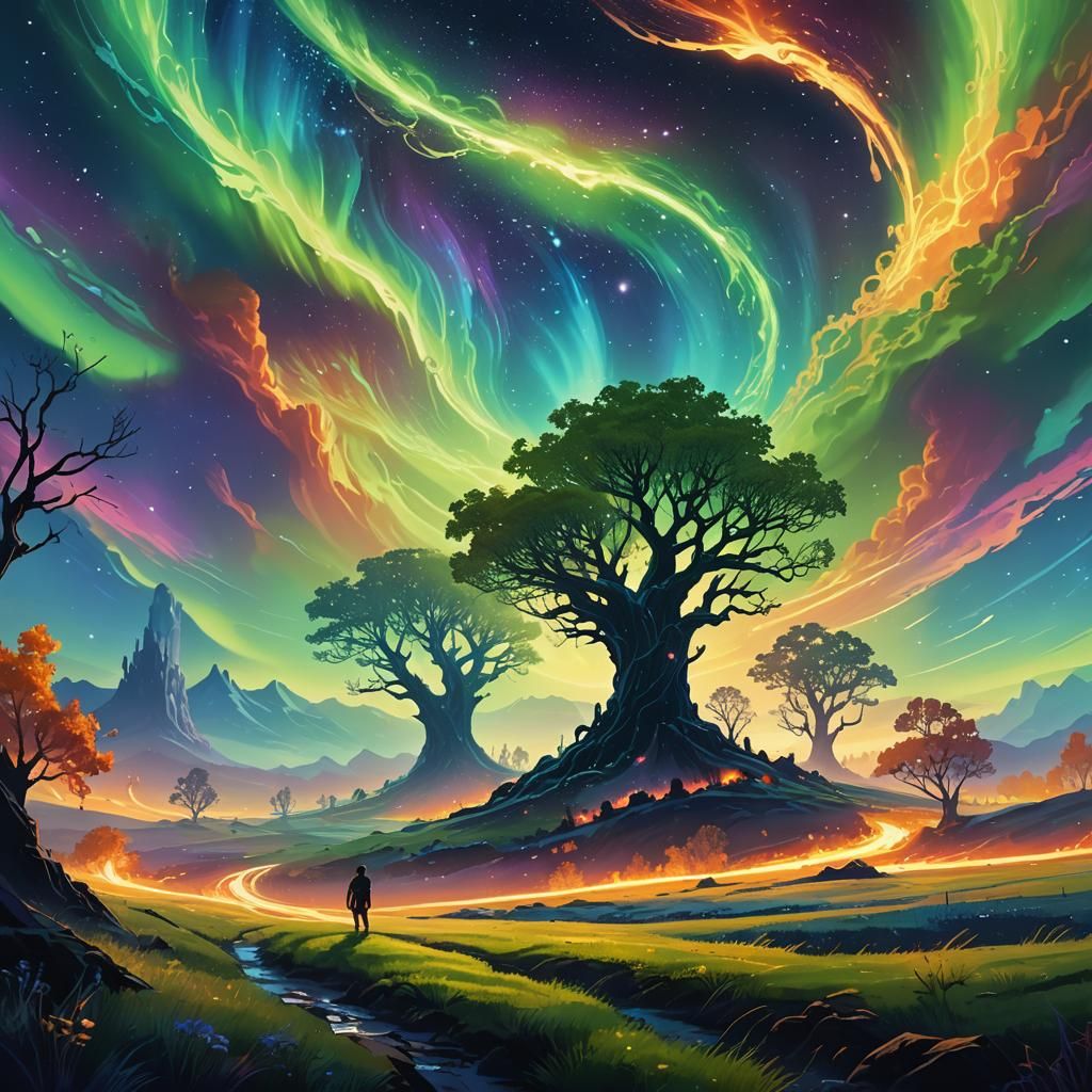 Dreamlike Cosmic Farmland with Aurora Borealis