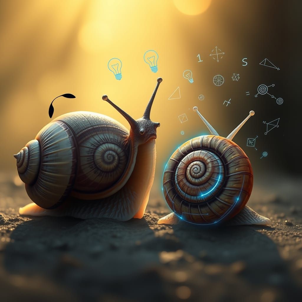 Curious Snail Analyzes Fibonacci Spiral: Hyperrealistic