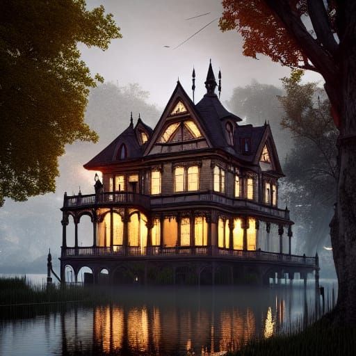 Victorian Lakeside House: Hyperdetailed Fantasy Photo
