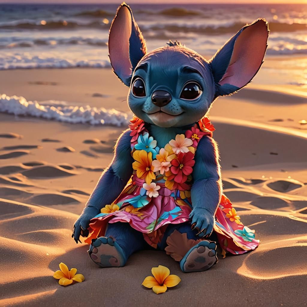 Lilo and Stitch on a Colorful Sunset Beach