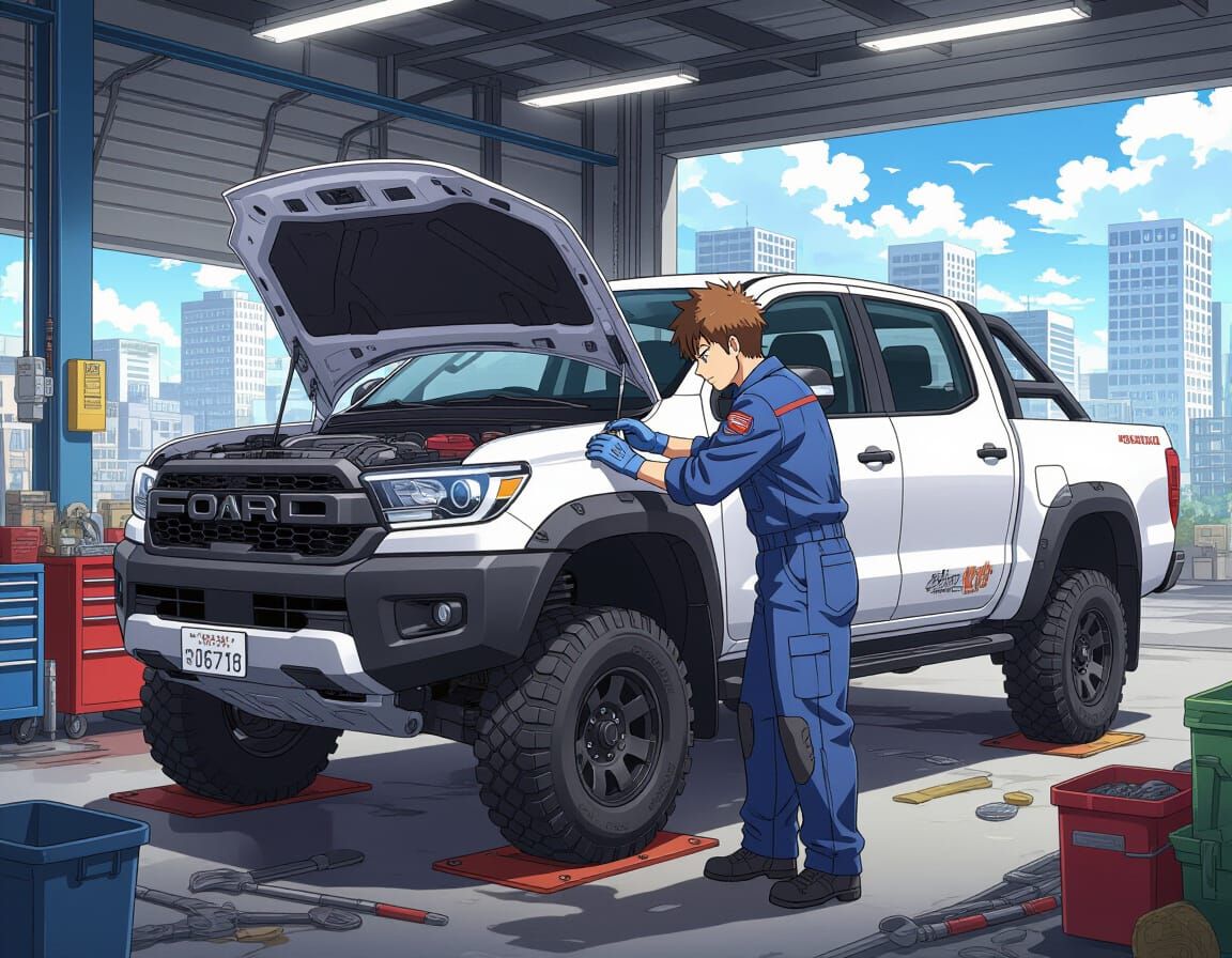 Anime Mechanic Repairing Truck in City Garage
