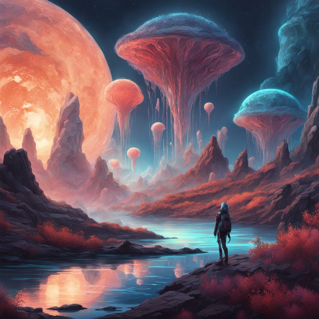 Alien Creature in Surreal Bioluminescent Landscape