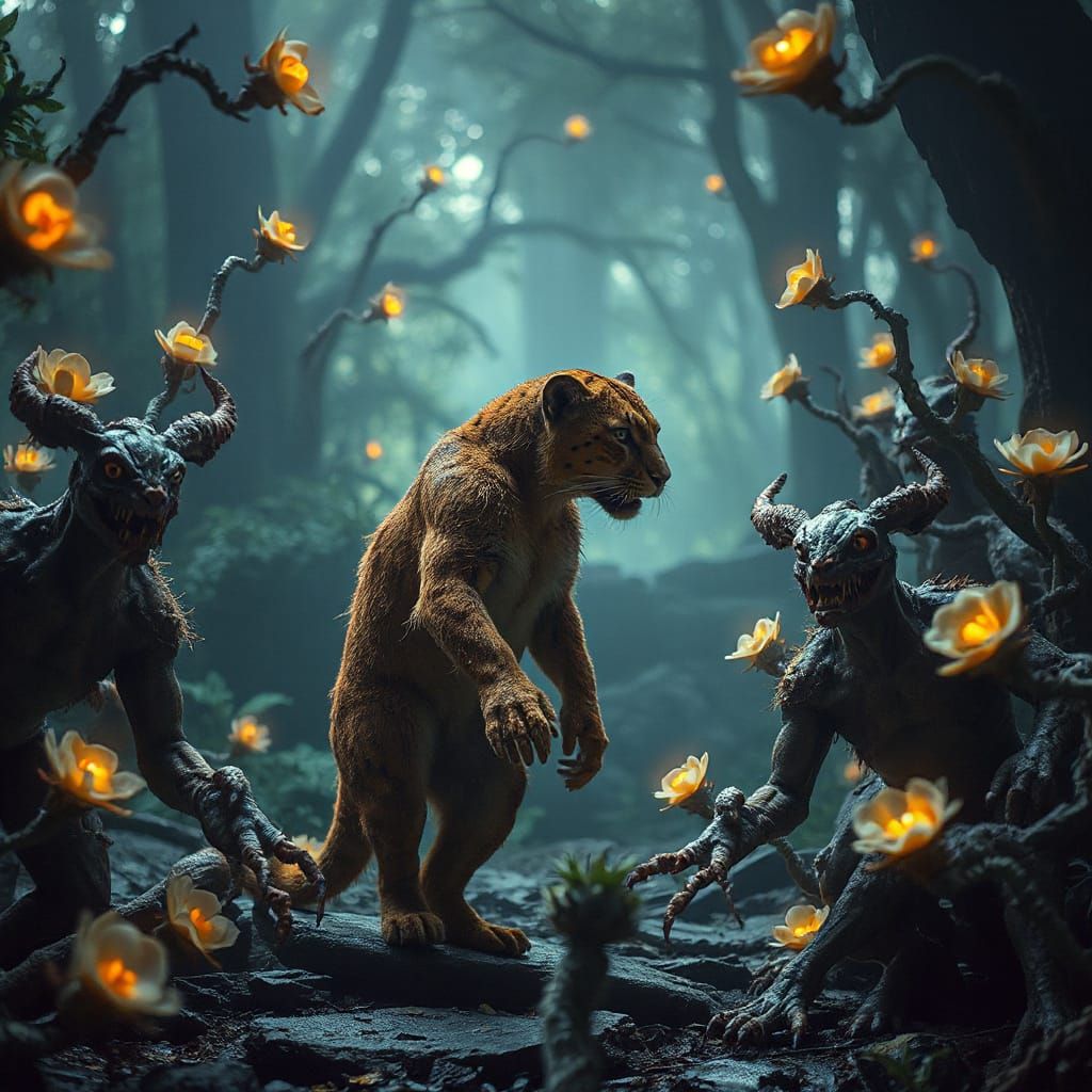 Panther vs. Minions in Bioluminescent Dark Fantasy Realm