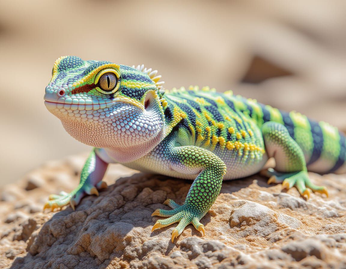 Photorealistic Gecko on Rock, Macro Detail, Sharp Focus
