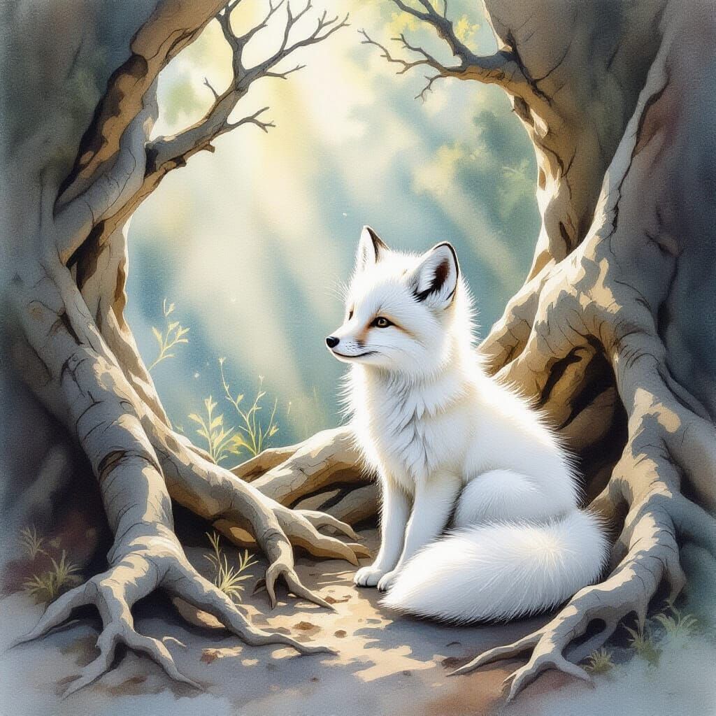 Arctic Fox Cub in Ethereal Forest