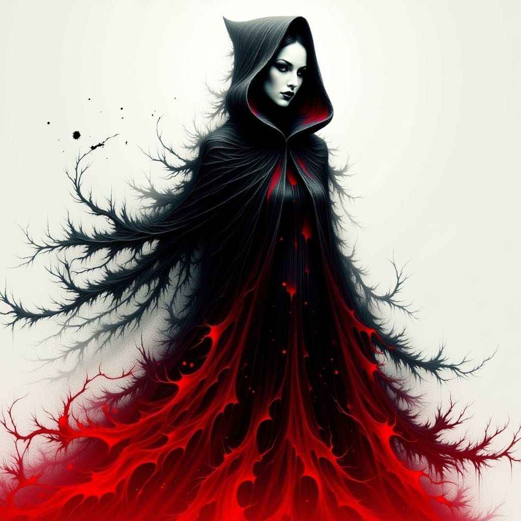 Mysterious Woman in Red Cape, Ink Art