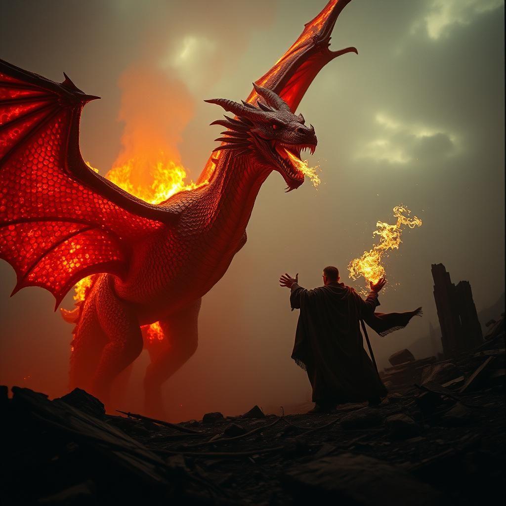 Dragon and Wizard Duel in Apocalyptic Landscape