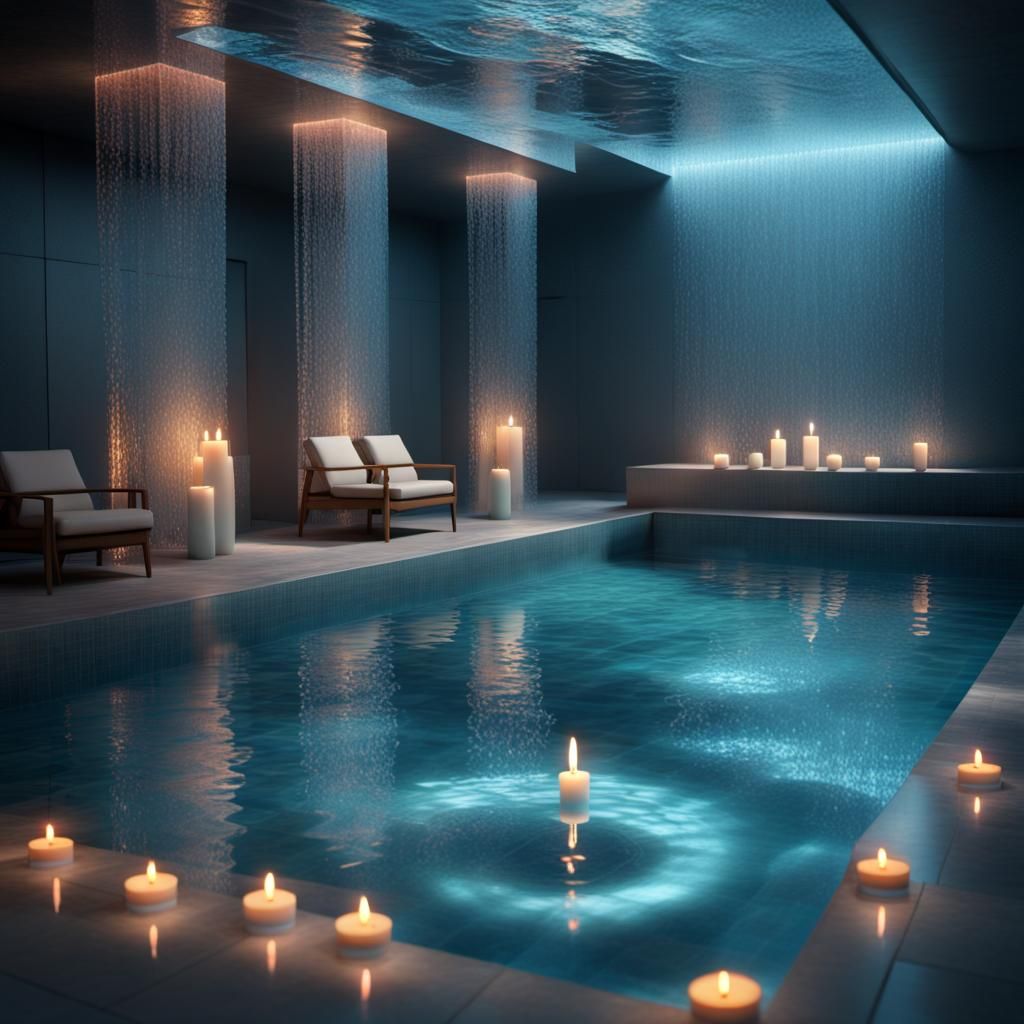 Holographic Swimming Pool with Candles and Fountain