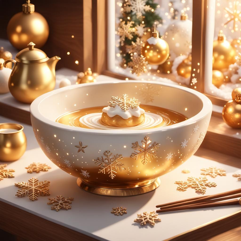 Christmas Cream Bowl in Golden Light: 3D Anime Art