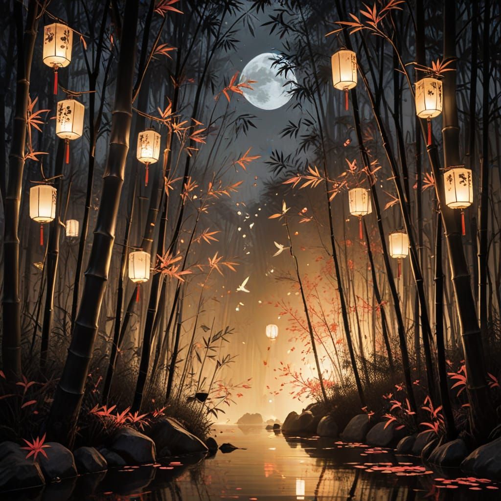 Moonlit Bamboo Grove with Lanterns in Sumi-e Style