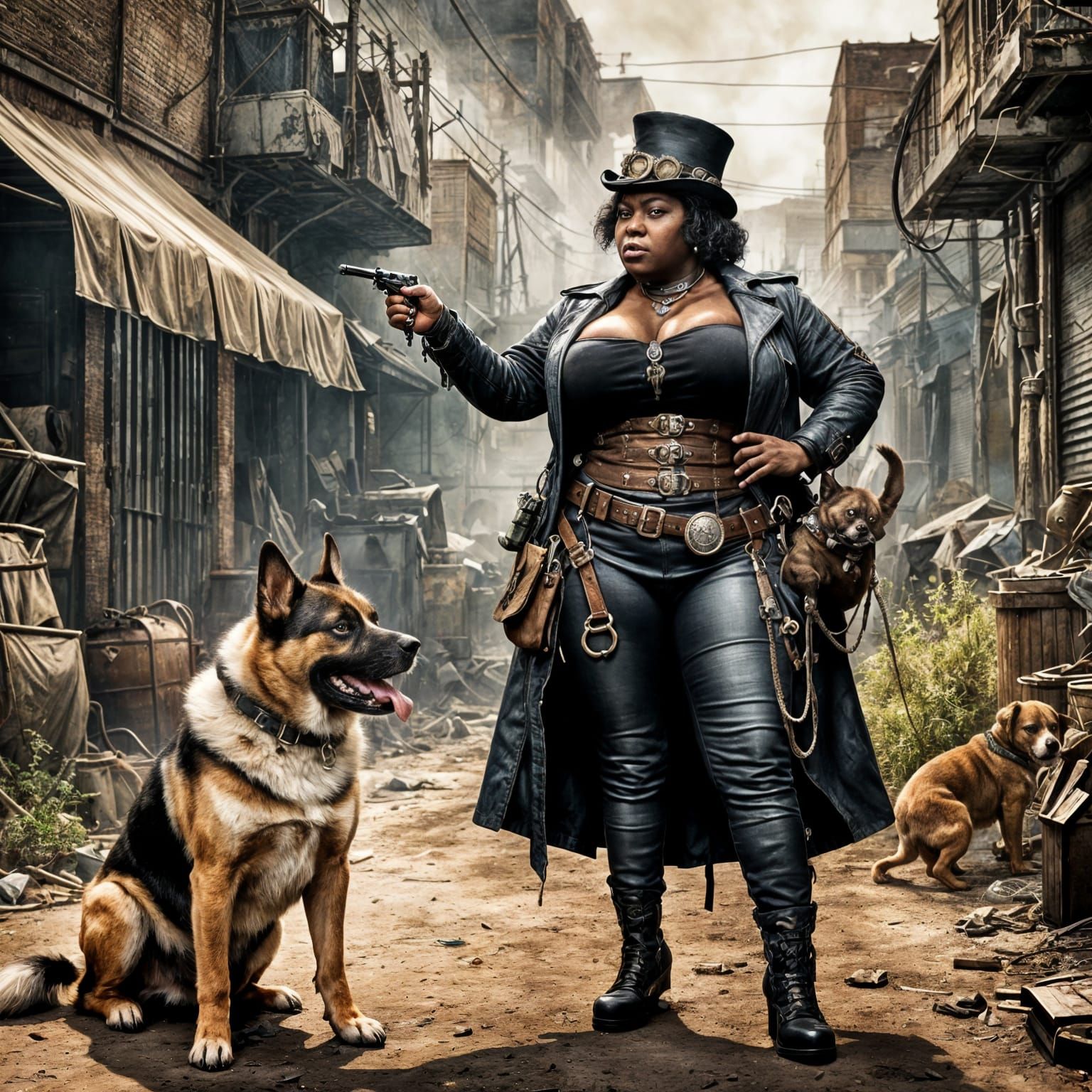 Steampunk Bandit Accuses Dog in Cyberpunk Alley