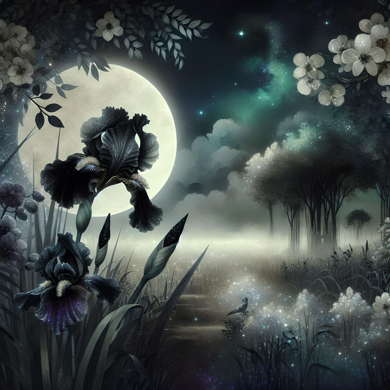 Mystical Black Iris and Orchid in Moonlight, Watercolour