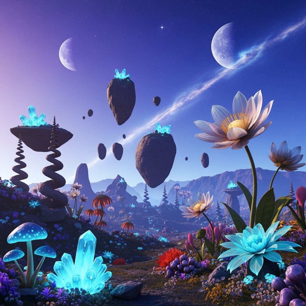 Surreal Alien Landscape with Glowing Crystals in Sci-Fi Styl...