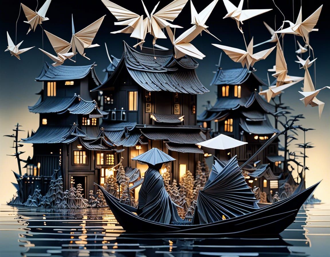 Origami Village Sculpture in Fantasycore Style