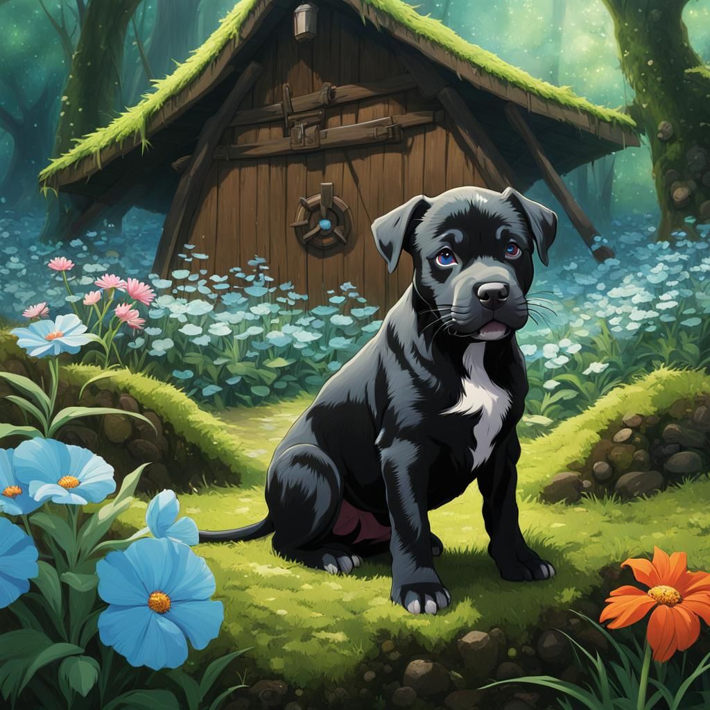 Pitbull Puppy in Anime Style Ghibli Scene