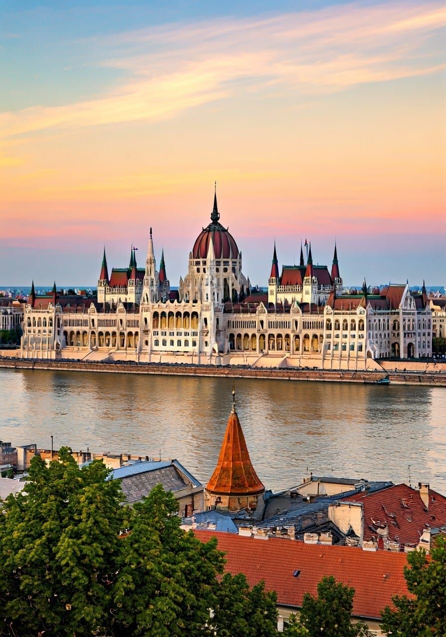 Budapest Parliament at Sunset: Neo-Gothic Majesty