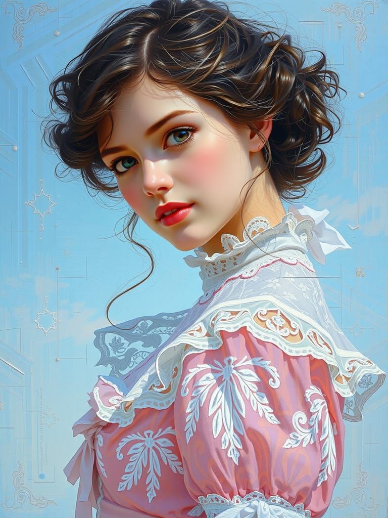 Elegant Woman in Silk Dress: A Romantic Oil Painting