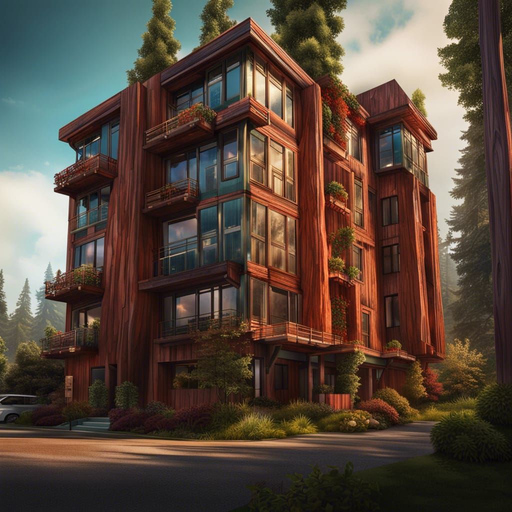 Hyperrealistic Redwood Condominium Reaching into the Sky