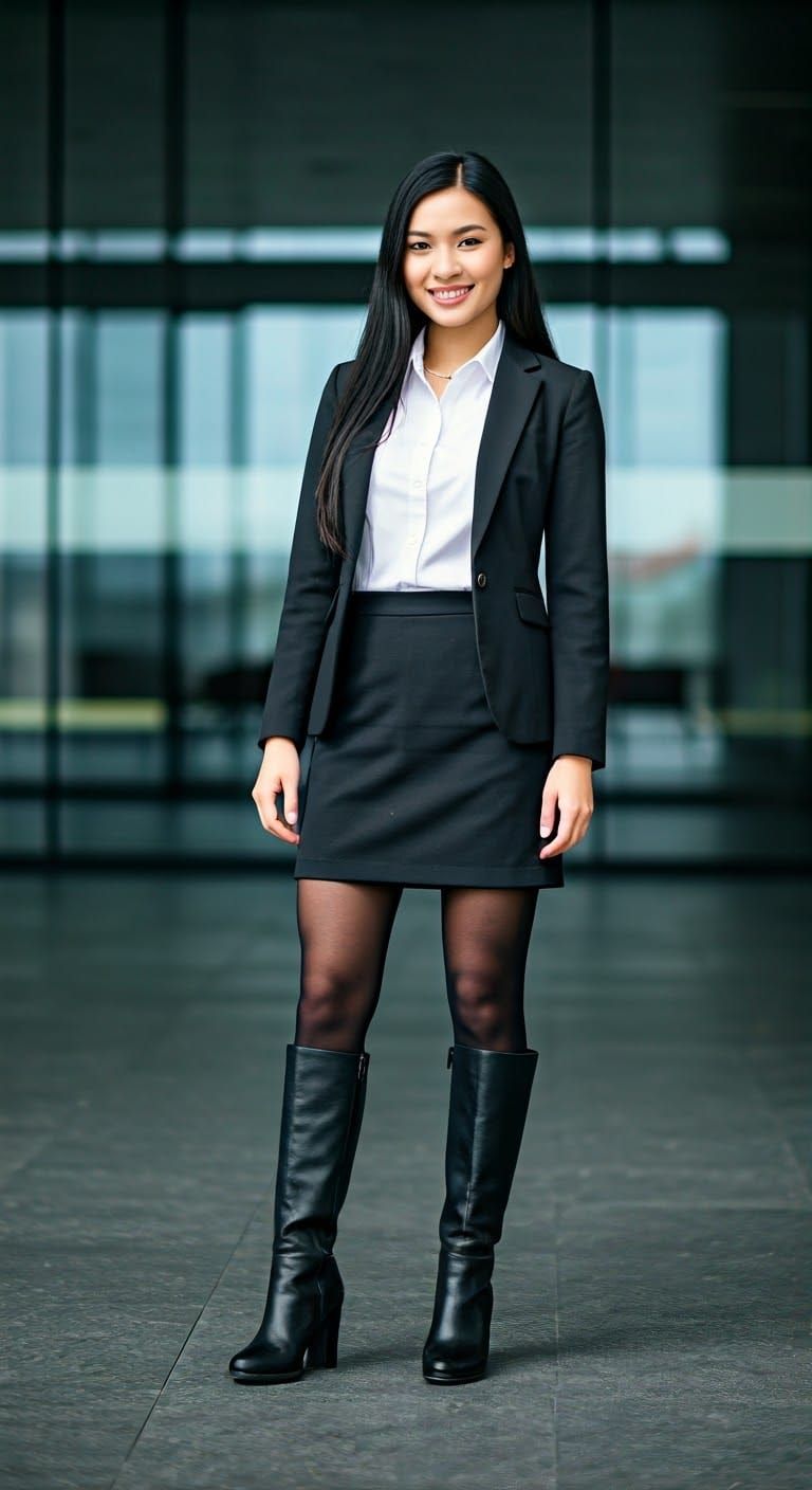 Filipina woman in sexy business suit and knee-high boots