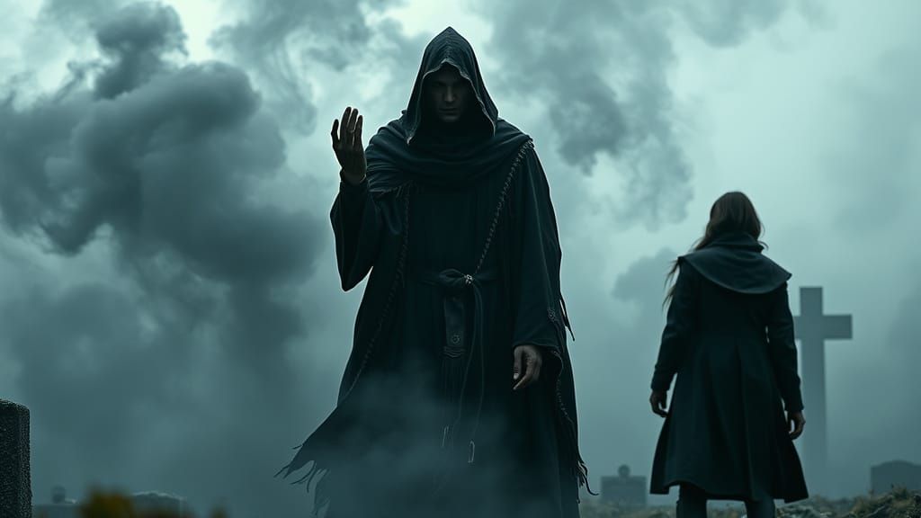 Menacing Figure Emerges from Smoke at Gravesite