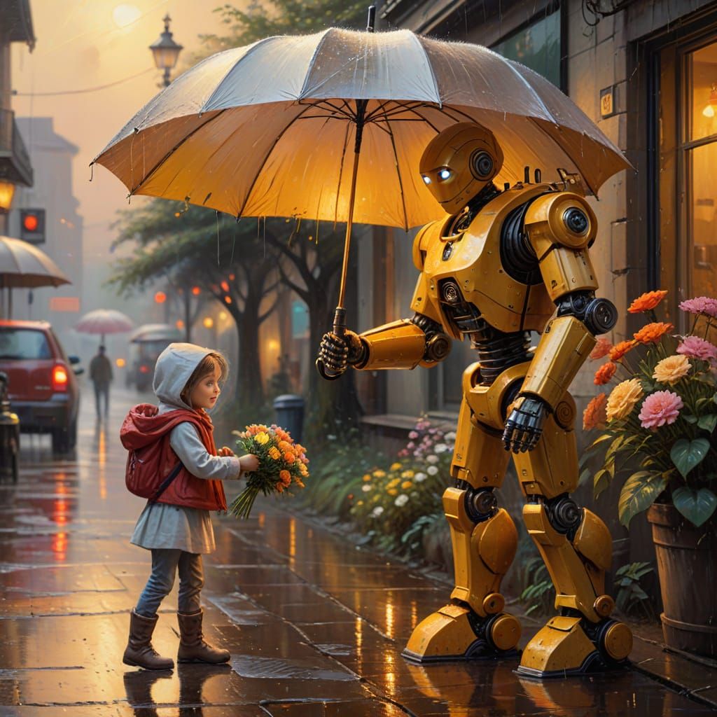 Heartwarming Oil Painting of Kindness in Action