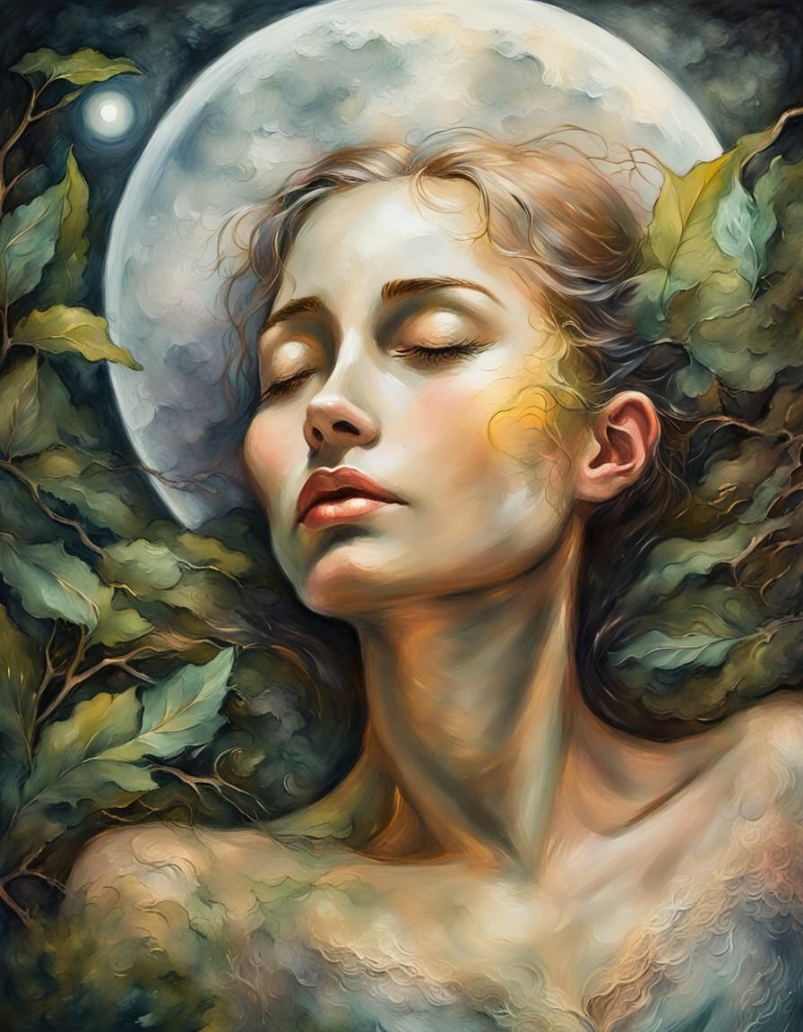 Fairywoman Under Glass Moon: Romantic Oil Painting