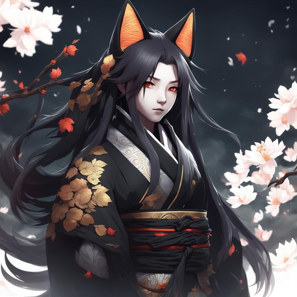 Detailed 3D Anime Art of a Black Kitsune