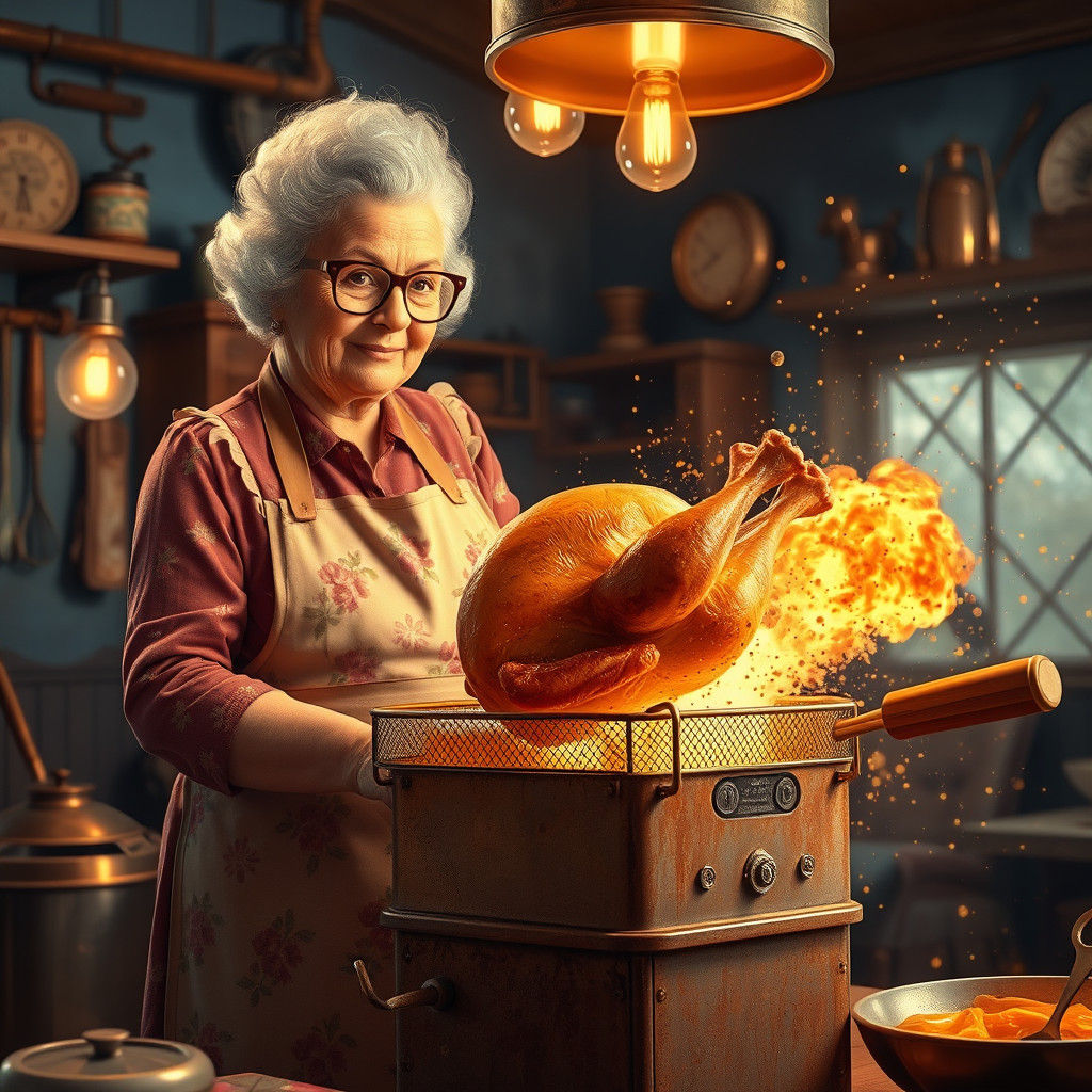 Whimsical Grandma's Kitchen Catastrophe in Vibrant Dreamlike...
